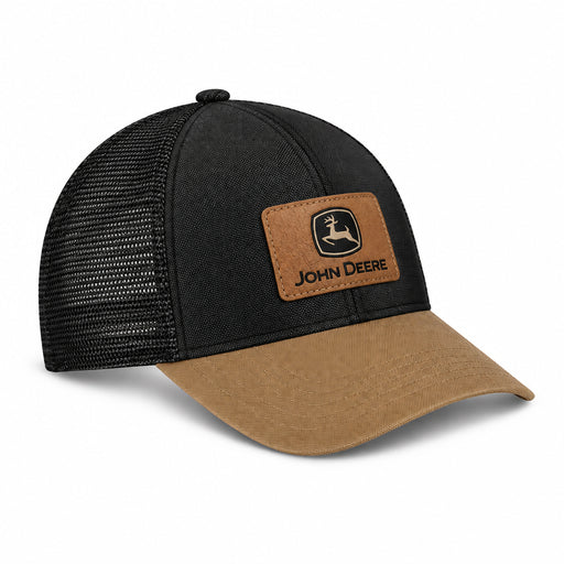 A black and tan John Deere hat with a reflective tactical patch on the front and a plastic snap closure.