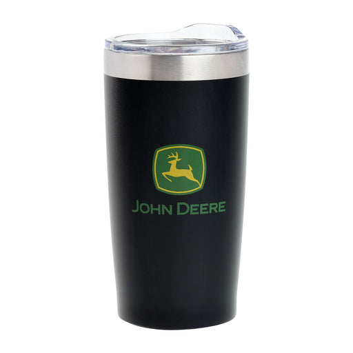 A black John Deere branded 20oz Himalayan tumbler with a stainless steel body and a green logo on the front.