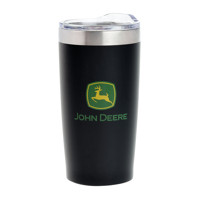 A black John Deere branded 20oz Himalayan tumbler with a stainless steel body and a green logo on the front.