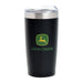 A black John Deere branded 20oz Himalayan tumbler with a stainless steel body and a green logo on the front.