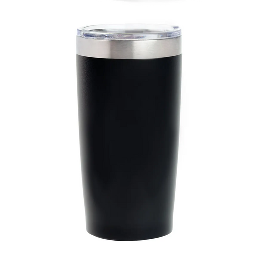 Black tumbler with a silver rim on a white background, john deere branded