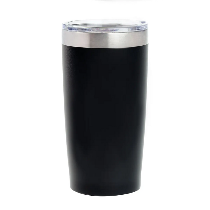 Black tumbler with a silver rim on a white background, john deere branded