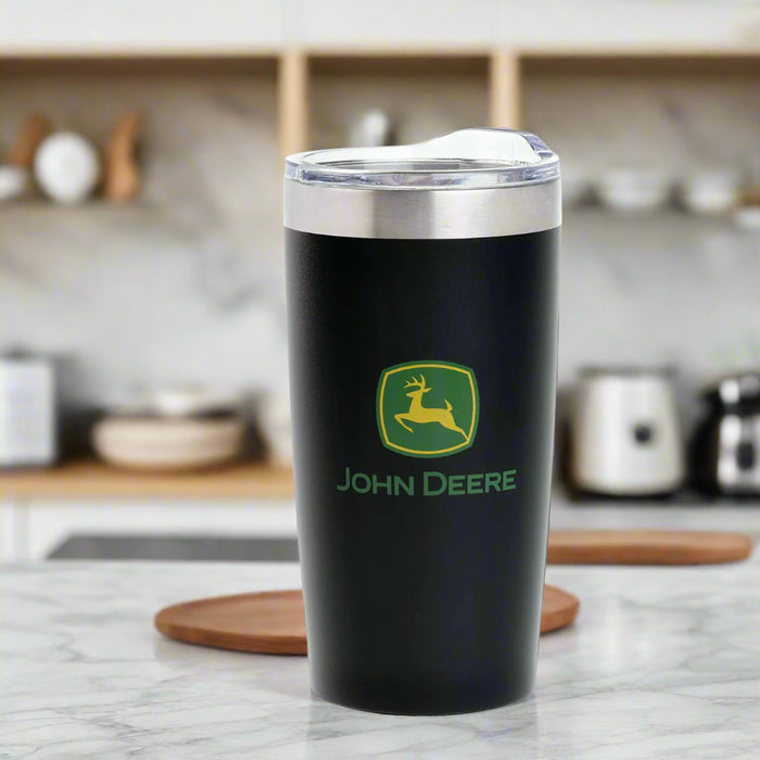 Black tumbler with John Deere logo on a white background
