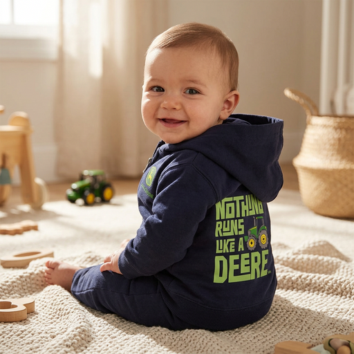 a baby wears the John Deere Infant Boys "Nothing Runs Like A Deere" Zip Hoodie