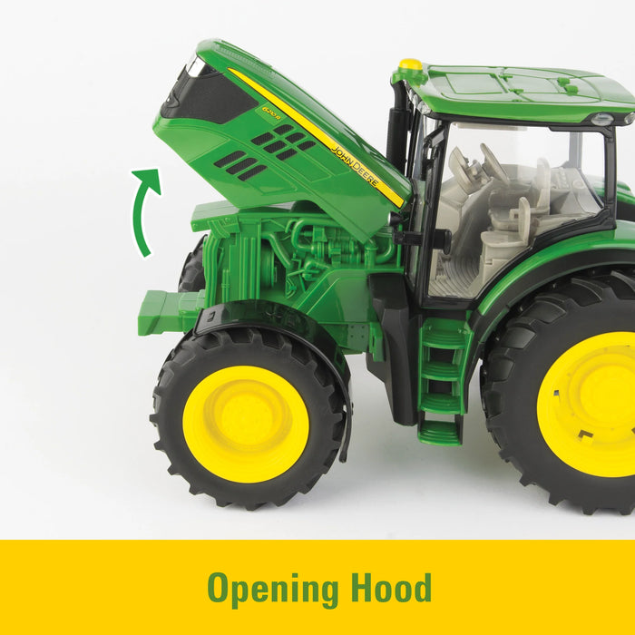 hood opens on the John Deere 1:16 Big Farm 6210R Tractor with Spreader
