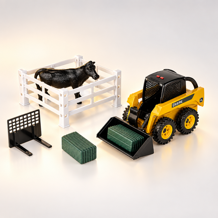 A toy construction and farm play set on a light gray studio background, including a yellow and black skid steer with a bucket, a white fence, a black cow figure, a black gate, and green blocks.