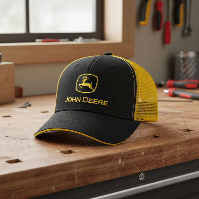 John Deere Black Yellow Mesh Back Cap