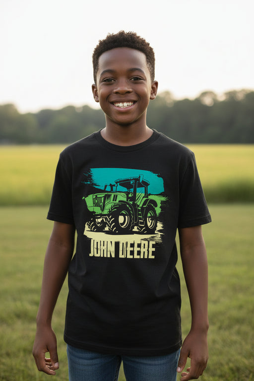 John Deere Youth Boys Black Paint Stripe Tractor Tee
