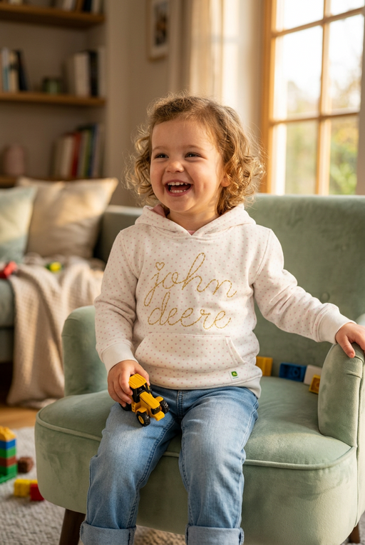 a girl is wearing the John Deere Girls Fleece Hoodie - Script