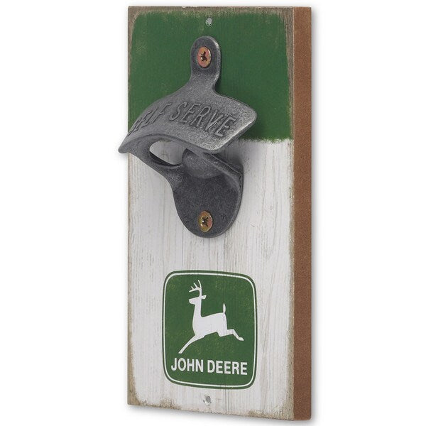 side view John Deere Green and White Bottle Opener