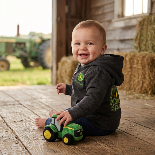 a boy is wearing the John Deere Infant Boys Big Deal Farm Zip Hoodie