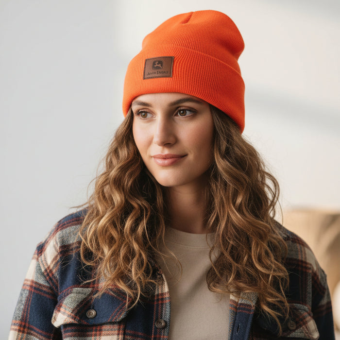 John Deere Knit Beanie with Leather Patch - Orange