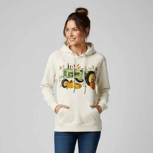 A woman modeling a cream-colored hoodie with a green tractor and autumn pumpkin graphic on the front, paired with blue jeans, against a solid light gray background.