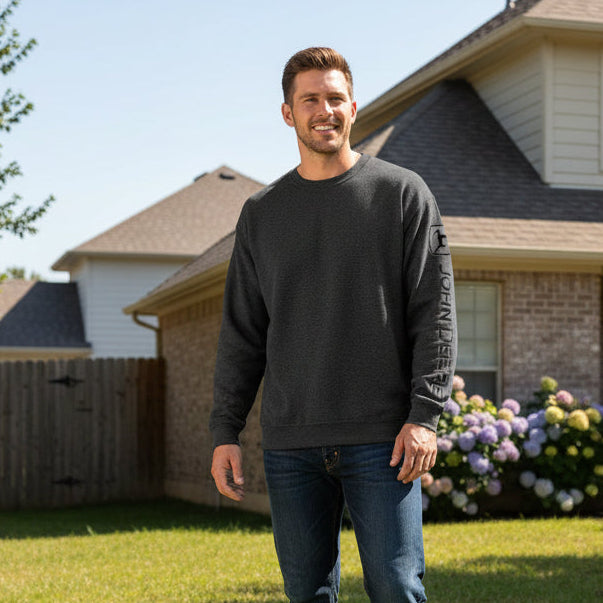 John Deere Men's Black Logo Sleeve Crew Neck