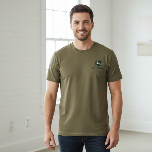 A man wearing an olive green crewneck t-shirt with a small John Deere logo on the left chest, standing in a bright, modern room with white walls.