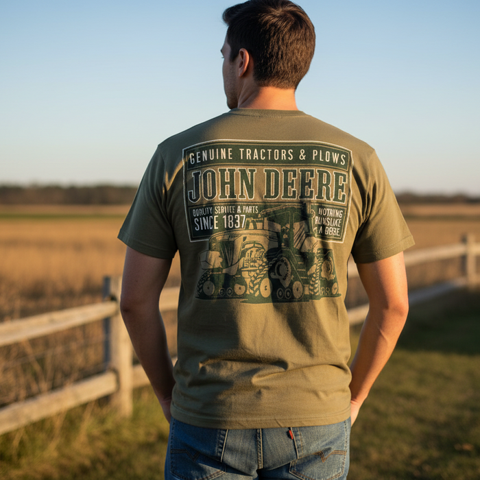 A man viewed from behind wearing an olive green t-shirt with a large John Deere graphic on the back, standing outdoors in a field near a wooden fence.