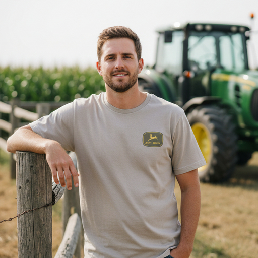 A smiling man in a light beige t-shirt with a John Deere logo, leaning against a wooden fence post with a green tractor and cornfield in the background.