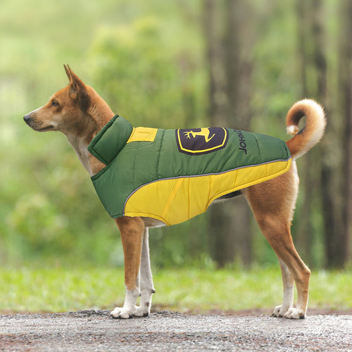 dog wearing the John Deere Pet Puffer Vest