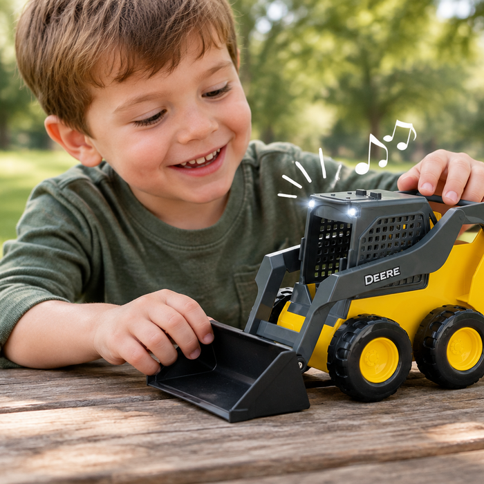 A young boy smiling and playing with a yellow and gray toy front loader truck outdoors on a wooden table. The toy has 'DEERE' printed on the side, bright black wheels, and a lighted front head with a digital music note graphic floating near it.