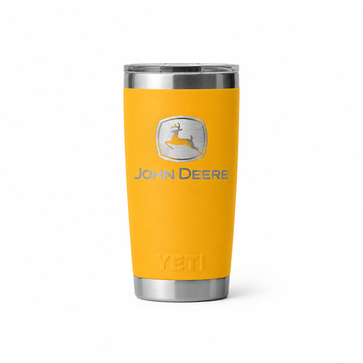 Orange tumbler with John Deere logo on a white background
