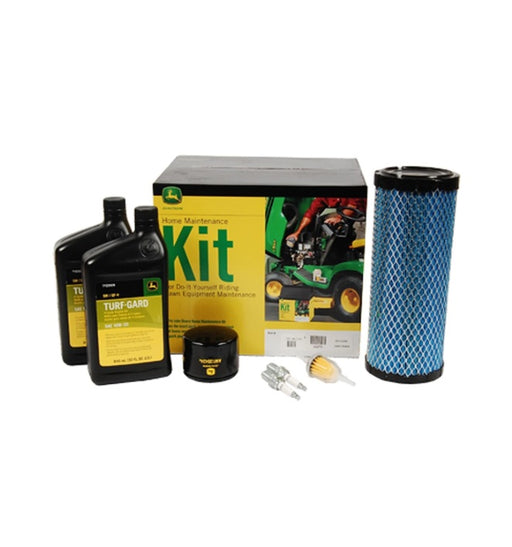 John Deere turf care kit with two black fluid bottles, a black filter canister, a blue and black air filter, metal hardware, and the product box on a white background.