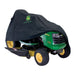 John Deere lawn mower with a black cover on a white background