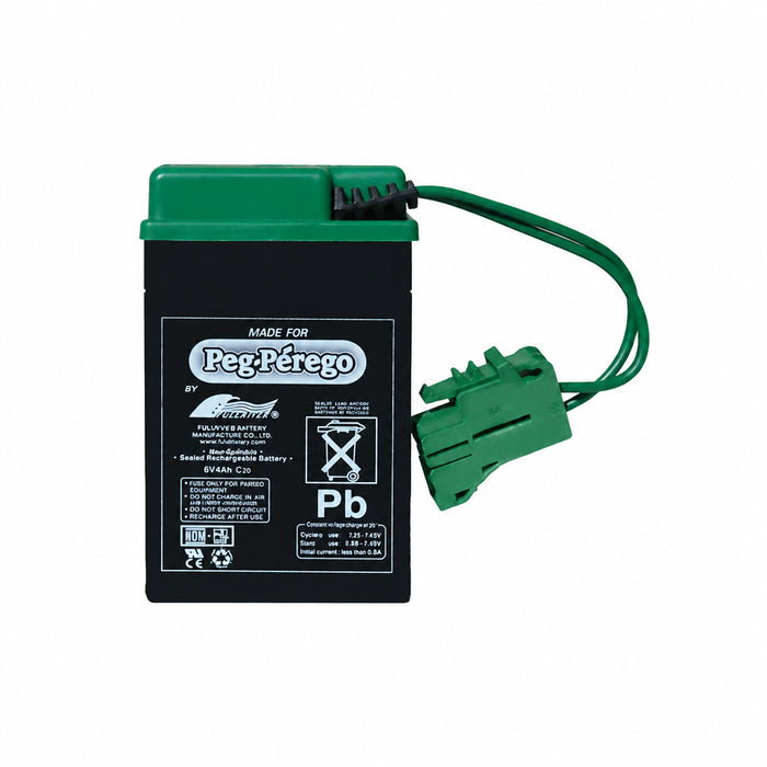 A 6 Volt rechargeable battery with a green top, labeled for Peg Perego vehicles, with visible wiring and connectors.