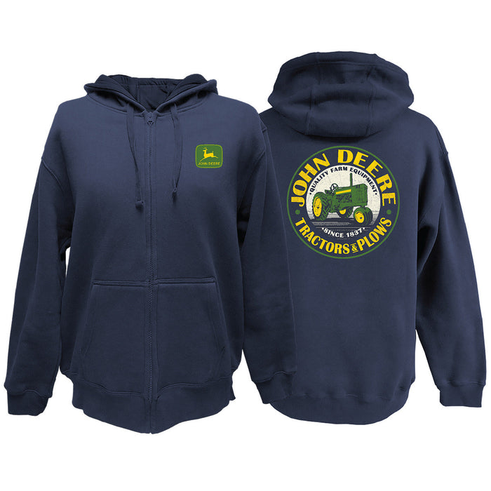 John Deere Mens Navy Tractors & Plows Full Zip Hoodie